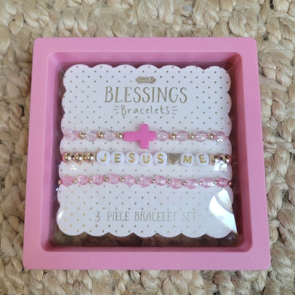 Blessing Bracelets Cross Pink Gold Beaded Jesus Loves Me stretch